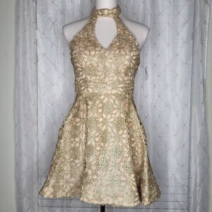 Gold Sz 4 Baroque Halter Skater Cocktail Holiday Party Dress NYE Birthday NWOT